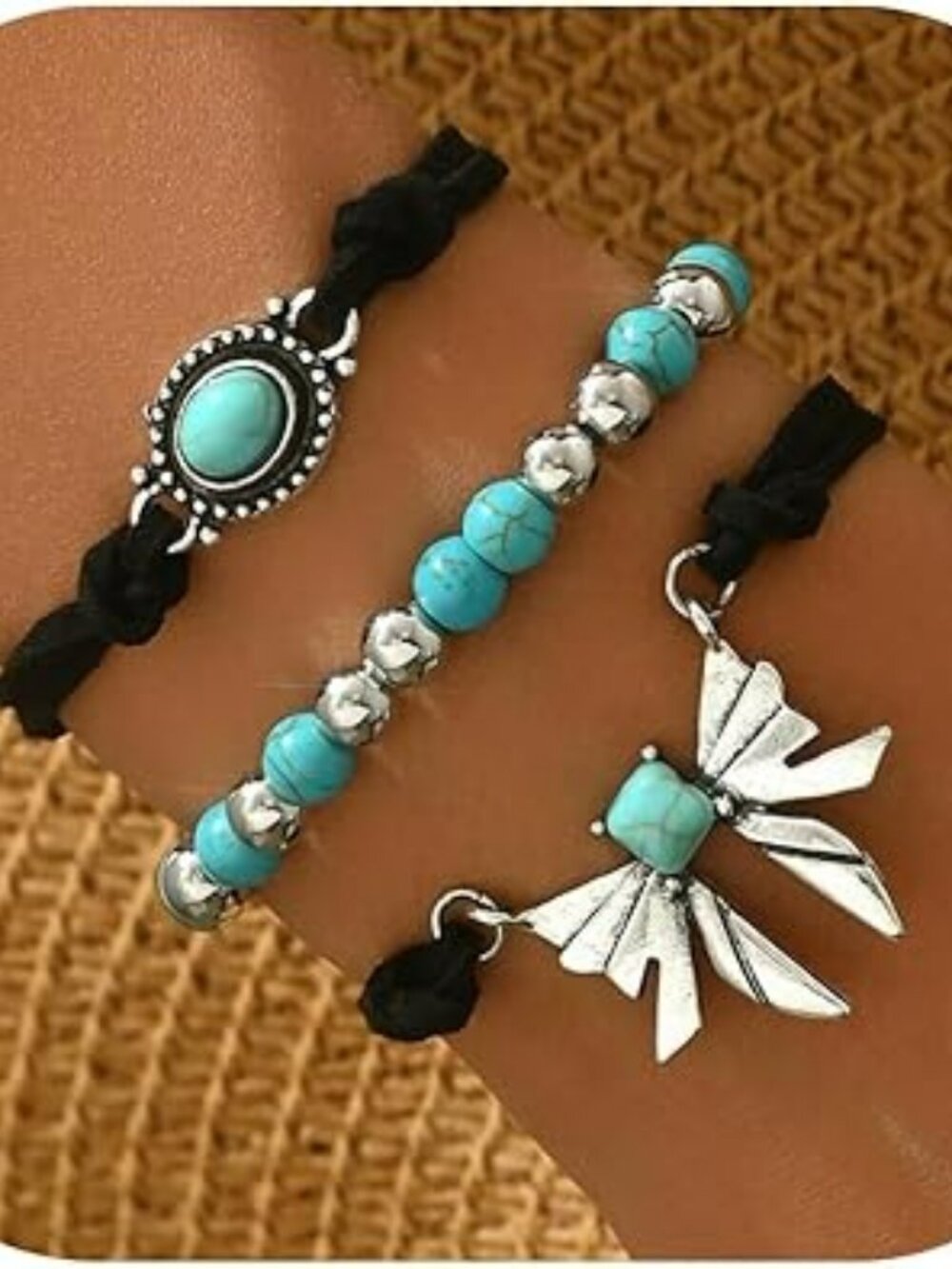 New - Boho Western Jewelry Cowgirl Rodeo Turquoise Bracelet Set Silver Pendant